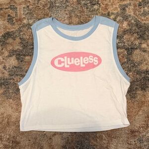 Clueless Graphic Crop Tank Top - White with Light Blue Trim